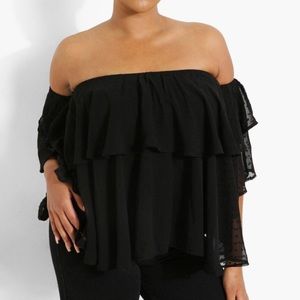 PLUS OFF THE SHOULDER DOBBY MESH TOP